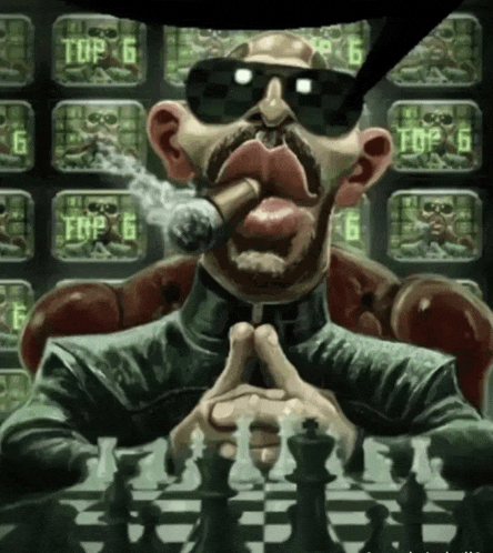 a cartoon of a man smoking a cigar and playing chess with the number 6 on the screen behind him
