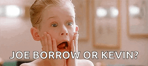 a young boy with a surprised look on his face and the words joe borrow or kevin below him
