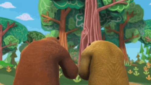 two cartoon bears standing next to each other in a forest holding hands .