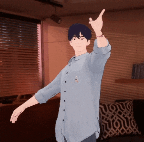 a cartoon character is wearing a blue shirt and making a peace sign