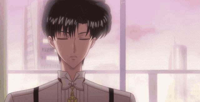 a man with his eyes closed is wearing a white shirt and suspenders