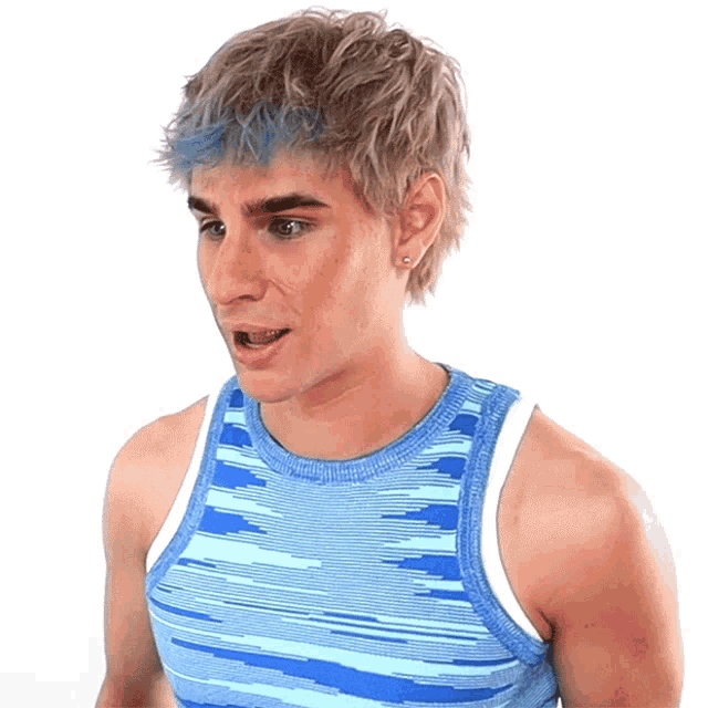 a young man with blue hair and a blue tank top