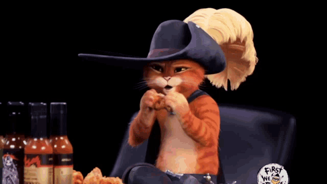 a cat wearing a cowboy hat is eating a chicken nugget