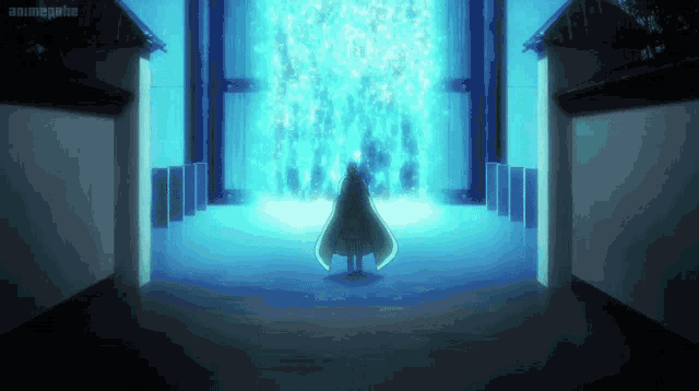 a person is standing in front of a blue light that says animegame on the bottom right