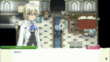a screenshot of a video game with the character aspen talking