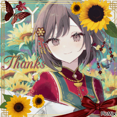 a picture of a girl with sunflowers and butterflies with the words thanks