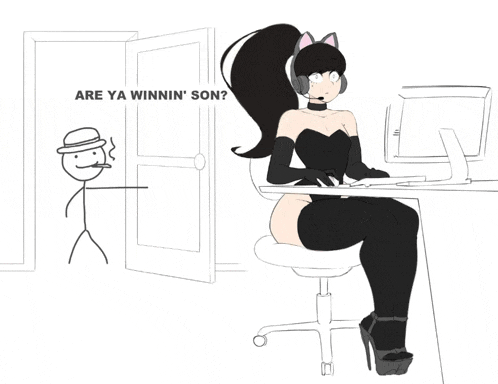 a black and white drawing of a woman sitting in front of a computer with the words are ya winnin ' son above her