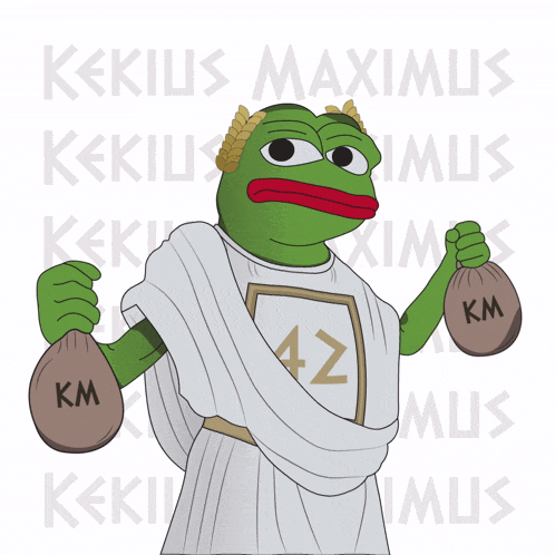 a cartoon frog holding two bags of km