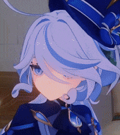 a close up of a cartoon character with purple hair and a blue hat