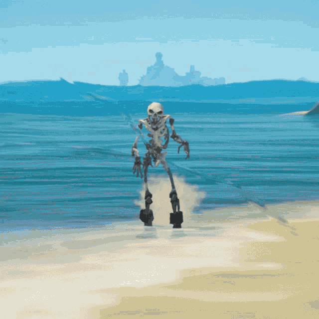 a skeleton is standing on a beach in front of the ocean