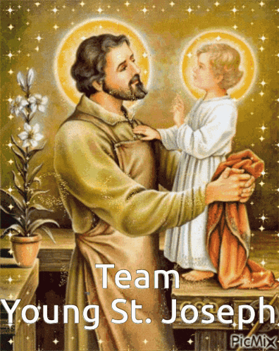 a painting of st. joseph holding a child with the words team young st. joseph below it