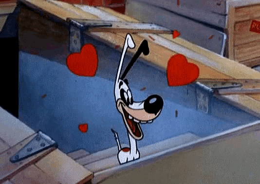 a cartoon dog is surrounded by hearts in a pool
