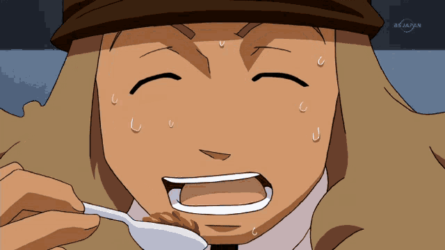 a cartoon character is eating something with a spoon and says bs japan in the corner