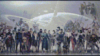 a group of people standing next to each other in front of a large white object