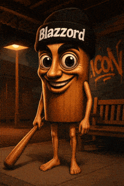 a cartoon character is wearing a beanie that says blazzard