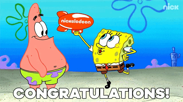 a cartoon of spongebob and patrick holding a nickelodeon sign