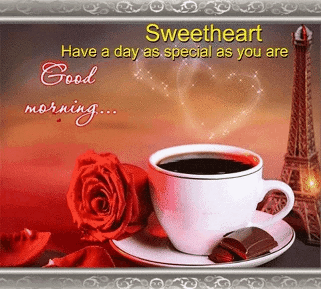 a good morning card with a cup of coffee and chocolate