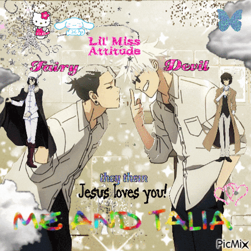 a picture of two anime characters with the words " they them jesus loves you " on the bottom