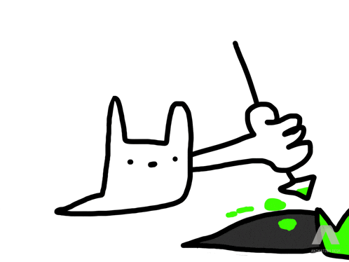 a black and white drawing of a rabbit holding a green stick