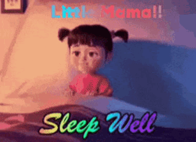 a little girl is laying in bed with the words little mama sleep well written on the bottom