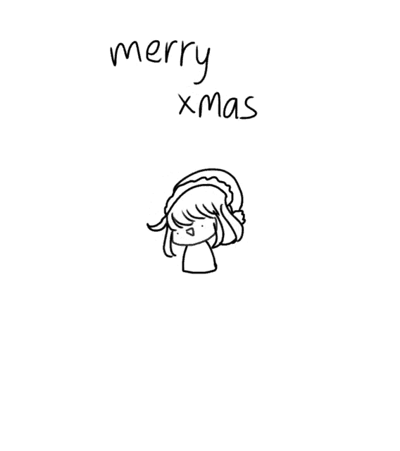 a line drawing of a girl wearing a santa hat and the words merry xmas .