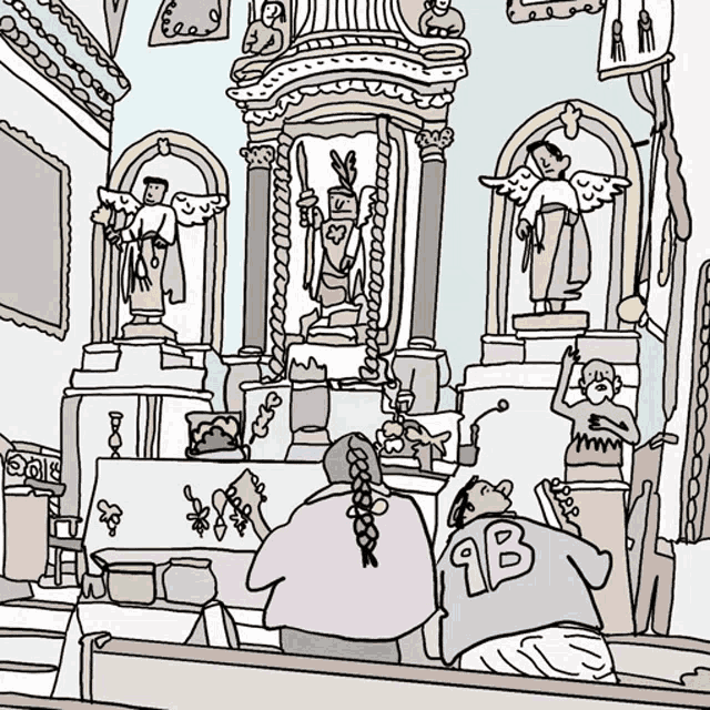 a drawing of people in a church with a man wearing a t-shirt with the number 9b on the back