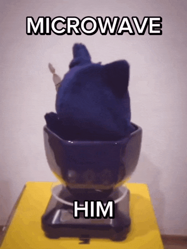 a picture of a cat in a bowl with the words microwave him below it