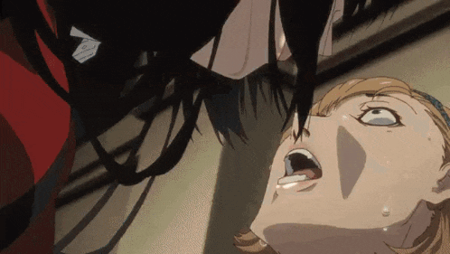 a couple of anime characters are standing next to each other with their mouths open and their eyes closed .