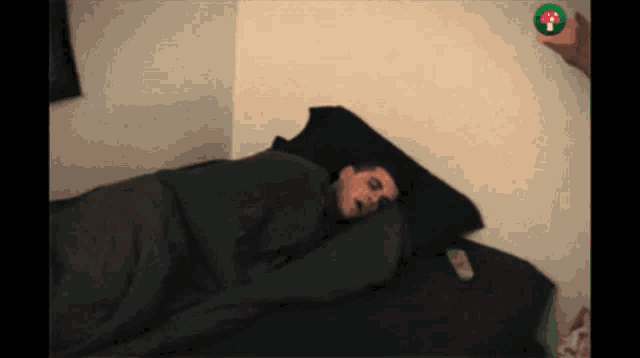 a person is sleeping on a bed with a green mushroom on the wall