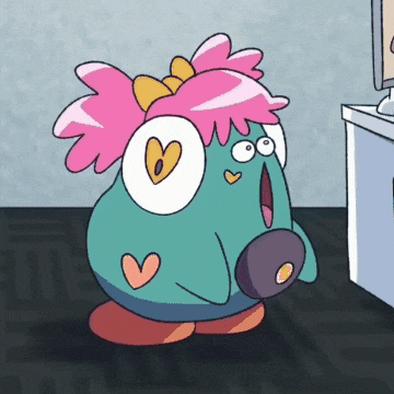 a cartoon character with pink hair has a heart on her head
