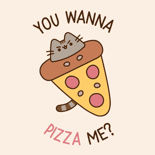 a cartoon of a cat sitting on top of a pizza with the words " you wanna pizza me "