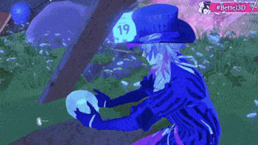 a person in a blue hat holding a skull with the number 19 on it