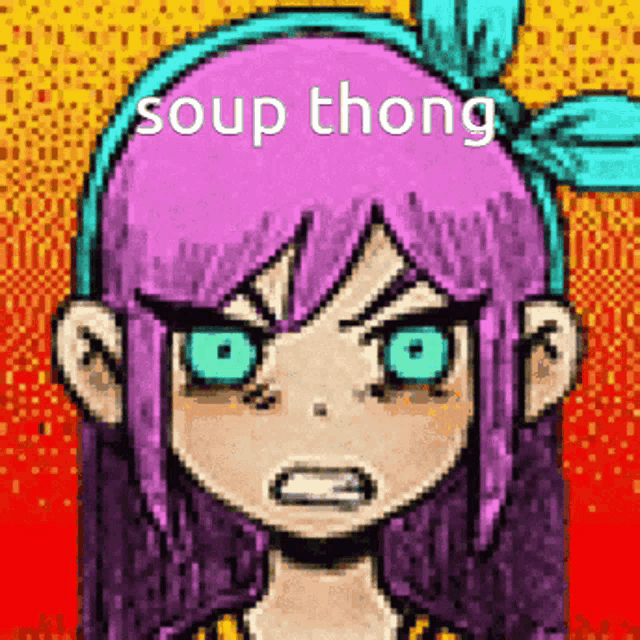 a pixel art of a girl with purple hair and blue eyes with the words `` soup thong '' written on the bottom .
