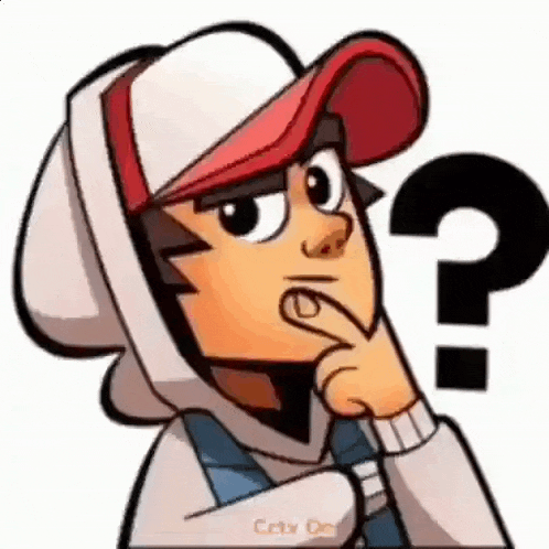 a cartoon boy wearing a hat and a hoodie is thinking with a question mark on his face .