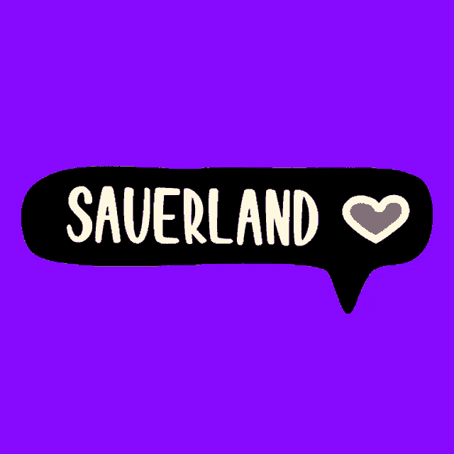 a black speech bubble with the word sauerland and a yellow heart