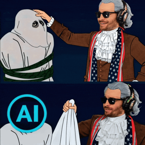 a cartoon of a man petting a ghost next to a circle with the letter ai in it