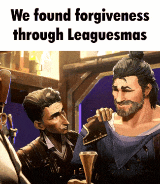 a cartoon of two men with the words we found forgiveness through leaguesmas on the bottom