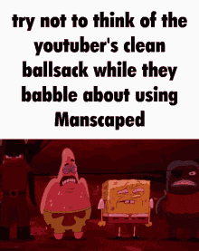 patrick star and spongebob squarepants are standing next to each other in a cartoon scene .