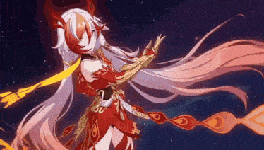 a girl with long white hair and red horns is flying through the air in a video game .