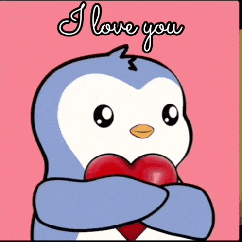 a penguin holding a heart with the words " i love you " written on it