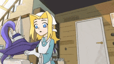 a cartoon of a woman holding a purple object with chinese writing