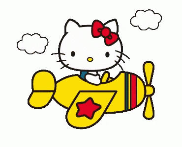 hello kitty is flying on a yellow airplane with a red star on the wing .