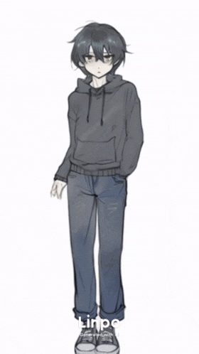 a drawing of a boy in a hoodie and jeans with the word linpo on the bottom