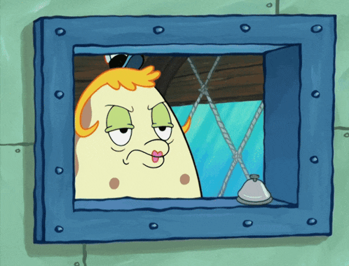 a cartoon character looking out of a window with a bell hanging from it