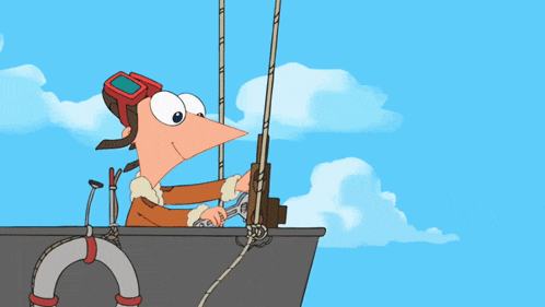 a cartoon of phineas and ferb on a hot air balloon