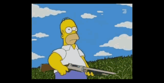 a cartoon of homer simpson holding a shotgun in a corn field