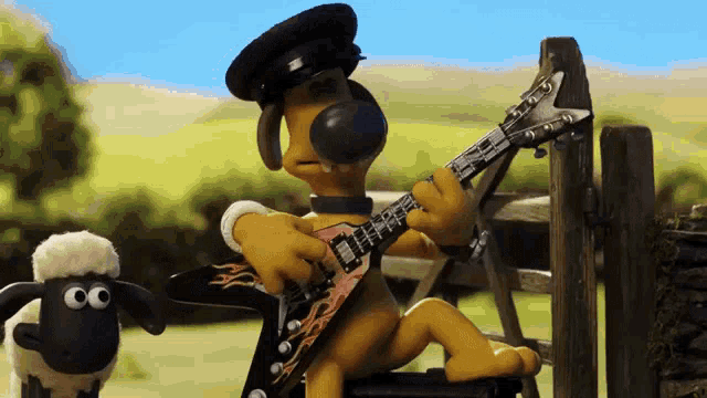 a cartoon sheep playing a guitar next to a cartoon dog