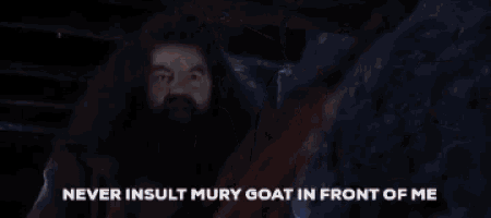 a group of people standing in a dark room with the words `` never insult mury goat in front of me ''
