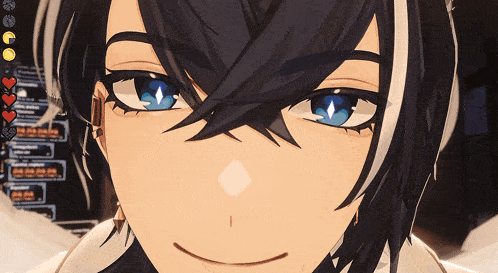 a close up of a person 's face with blue eyes and a smile