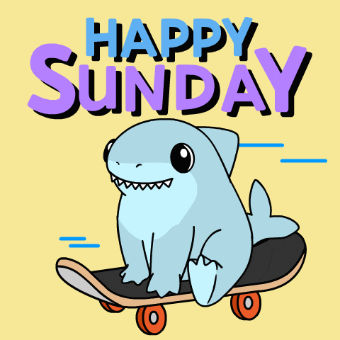 a cartoon shark is riding a skateboard with the words happy sunday behind it